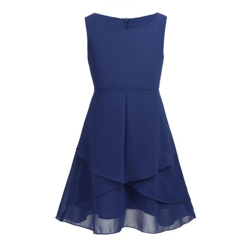 Girls navy blue cascade chiffon party dress with layered high low skirt and sleeveless bodice