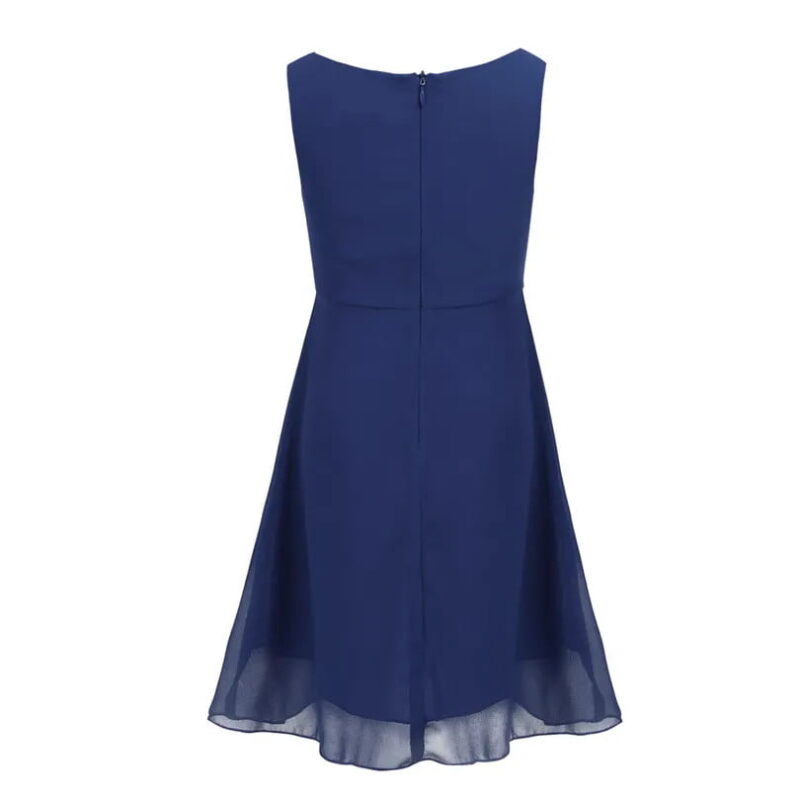 Back view of navy chiffon party dress with sleeveless design, concealed zip fastening and layered handkerchief hem skirt for girls formal occasions.