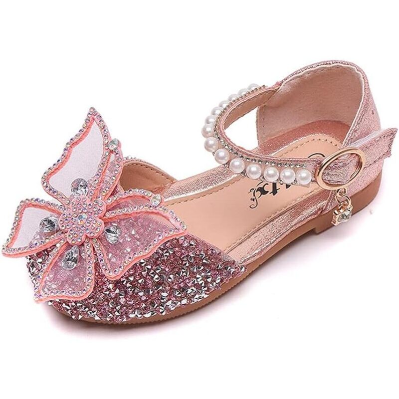 Pink girls sparkly butterfly bow shoes with rhinestone detail and pearl strap, elegant party shoes for children
