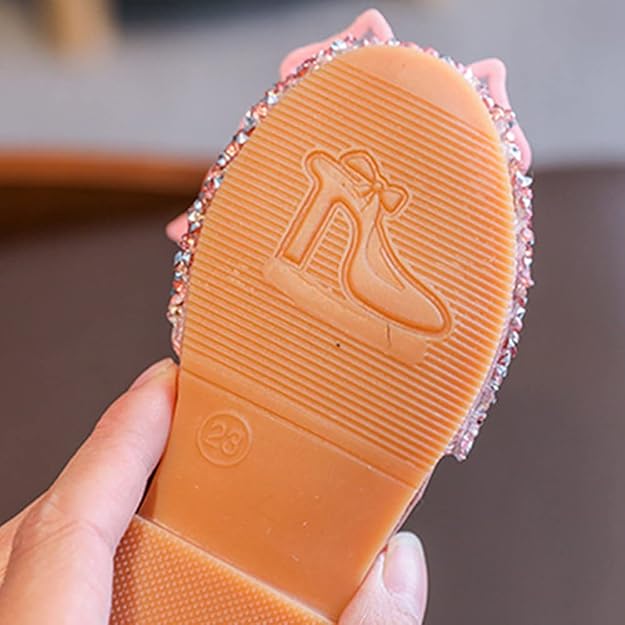 Girls pink glitter butterfly bow shoes sole detail, flexible anti slip outsole for comfortable kids footwear