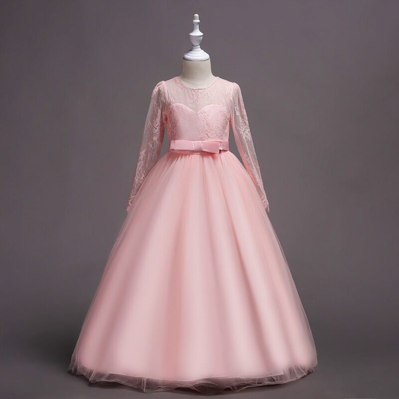 Front view of pink flower girl dress with lace bodice, long sleeves and elegant full length tulle skirt