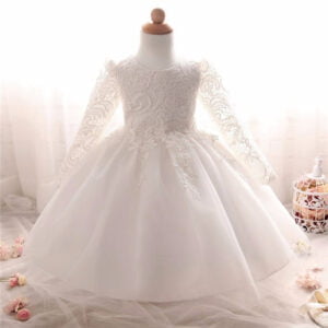 Baby girl long sleeve lace tulle dress - White