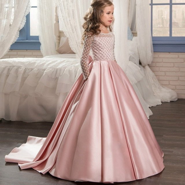Satin princess flower girl dress - Pink