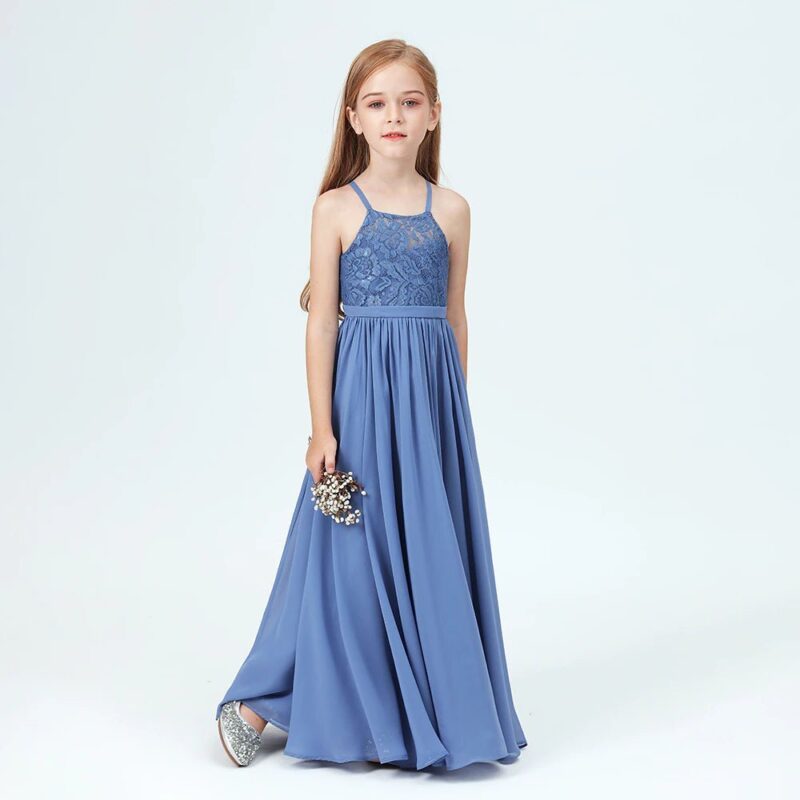 Front view of slate blue lace bodice junior bridesmaid dress with floor-length chiffon skirt
