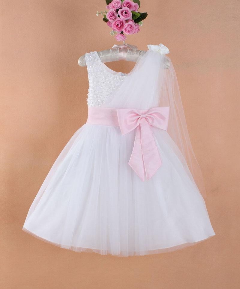 white flower girl dress with pink sash