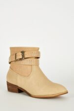 women's leather ankle boots low heel-beige