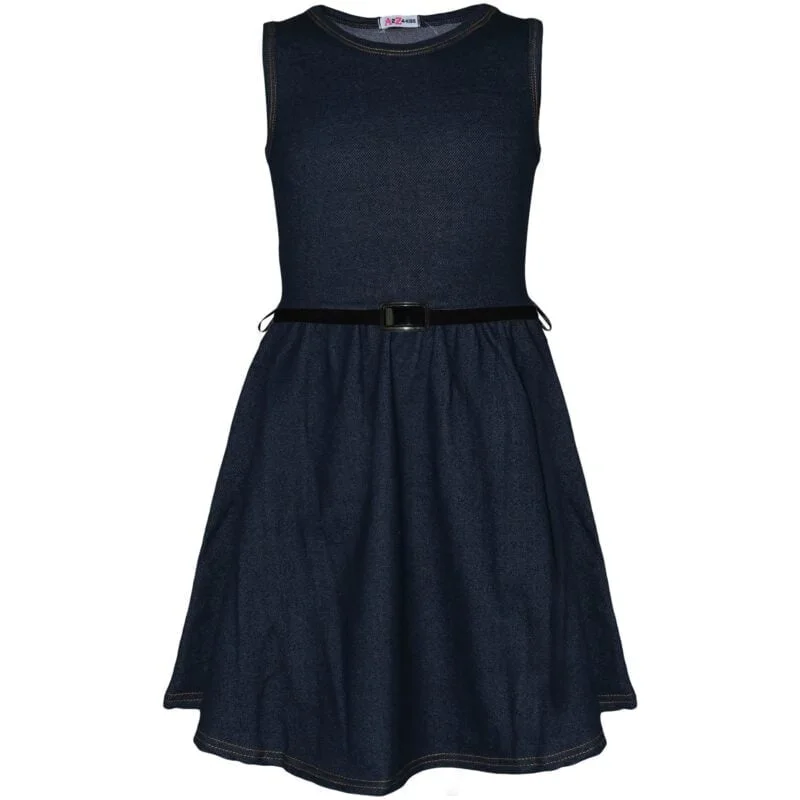 Girl plain skater dress -denim blue