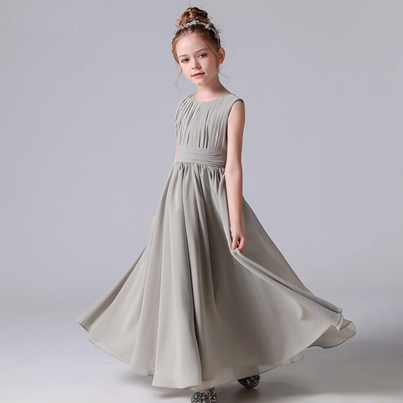 Front view of a girls grey pleated chiffon junior bridesmaid dress with elegant pleated bodice and full length skirt