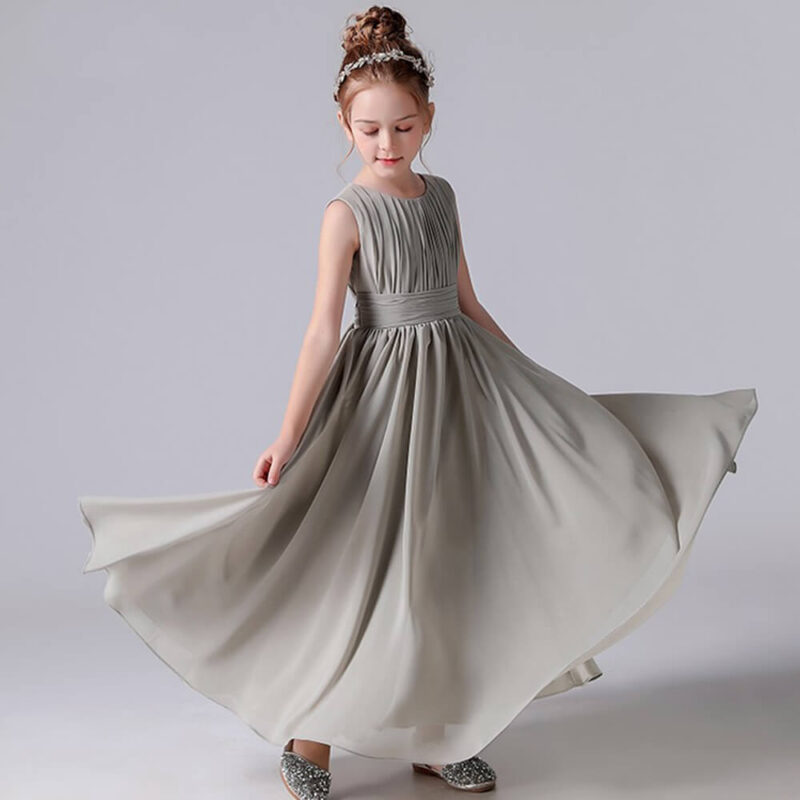 Girls grey pleated chiffon junior bridesmaid dress with flowing full length skirt and sleeveless round neckline