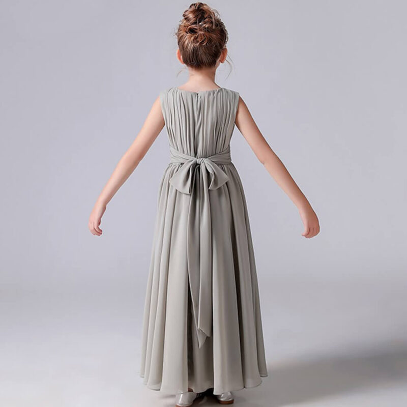 Girls grey pleated chiffon junior bridesmaid dress back view with decorative bow sash