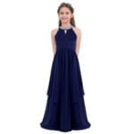 Long chiffon flower girl dresses -navy-blue