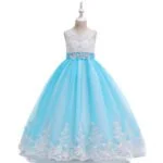 Long flower girl dress for wedding -white-blue