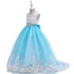 Long flower girl dress for wedding -white-blue1