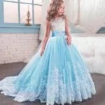 Long flower girl dress for wedding -white-blue3