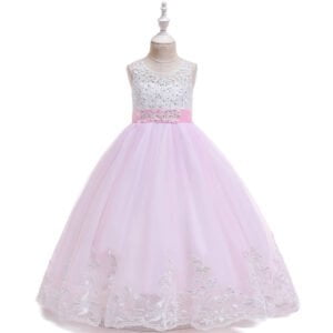 Long flower girl dress for wedding -white-pink