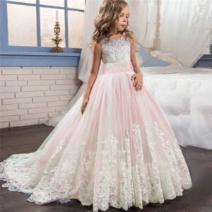 Long flower girl dress for wedding -white-pink3