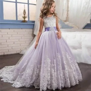 Long flower girl dress for wedding -white-purple3