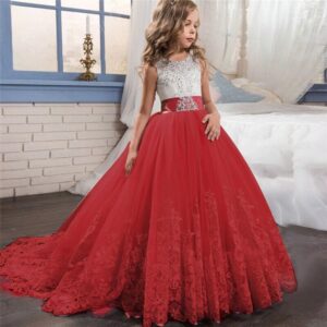 Long flower girl dress for wedding -white-red