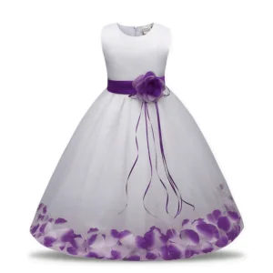 Long flower girl dress with sash-white-purple (2)