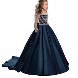 Satin princess flower girl dress-dark-blue