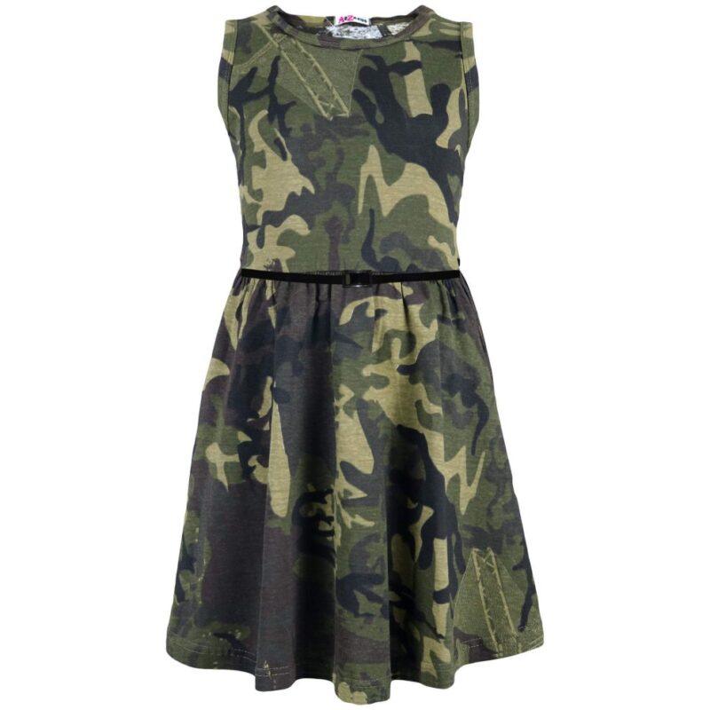 Girls green camouflage sleeveless skater dress with a fitted bodice, flared skirt and black waist belt front view