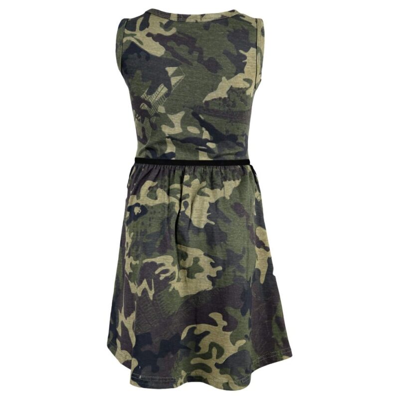 Rear view of girls green camouflage sleeveless skater dress featuring a fitted waist and flared skater skirt