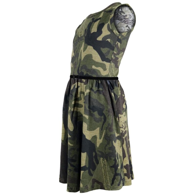 Side profile of girls green camouflage skater dress with a sleeveless design, flared skirt and slim black waist belt