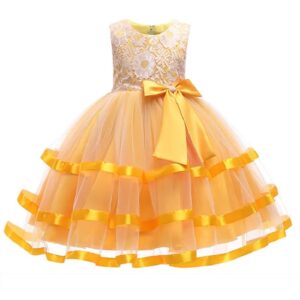 Girl satin tulle party dress-yellow (1)