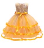 Girl satin tulle party dress-yellow (2)