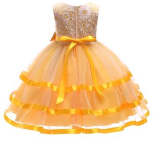 Girl satin tulle party dress-yellow (2)