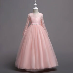 Diamante long sleeve junior bridesmaid dress-pink