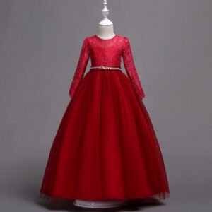 Diamante long sleeve junior bridesmaid dress-red