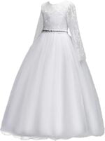 Diamante long sleeve junior bridesmaid dress-white (4)