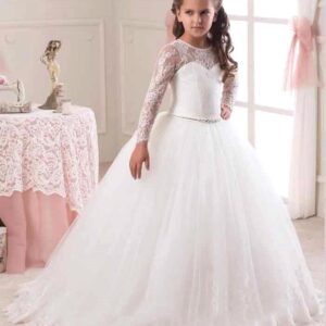 Diamante long sleeve junior bridesmaid dress-white (5)
