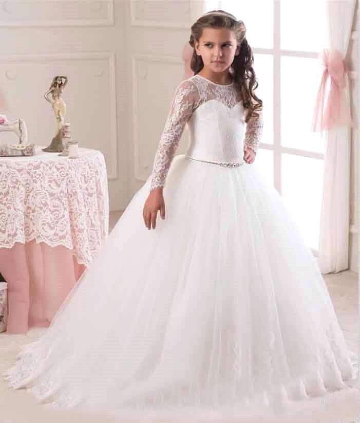 Diamante long sleeve junior bridesmaid dress-white (5)