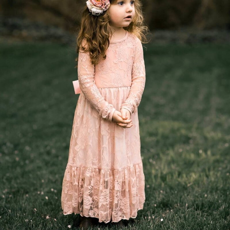 Flower girl long sleeve lace dress-peach (1)