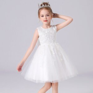 Girl party tulle lace dress-white