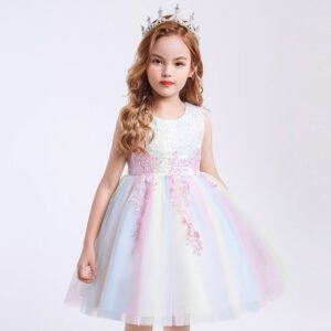Girl party tulle lace dress-white-rainbow (4)