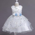 A-line girl floral party dress-white-blue (1)