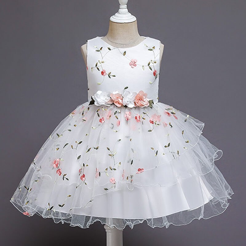 A-line girl floral party dress-white-pink (2)