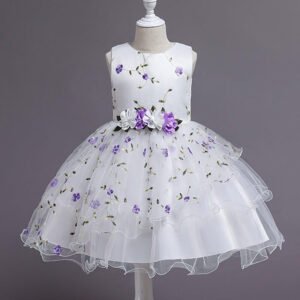 A-line girl floral party dress-white-purple (2)