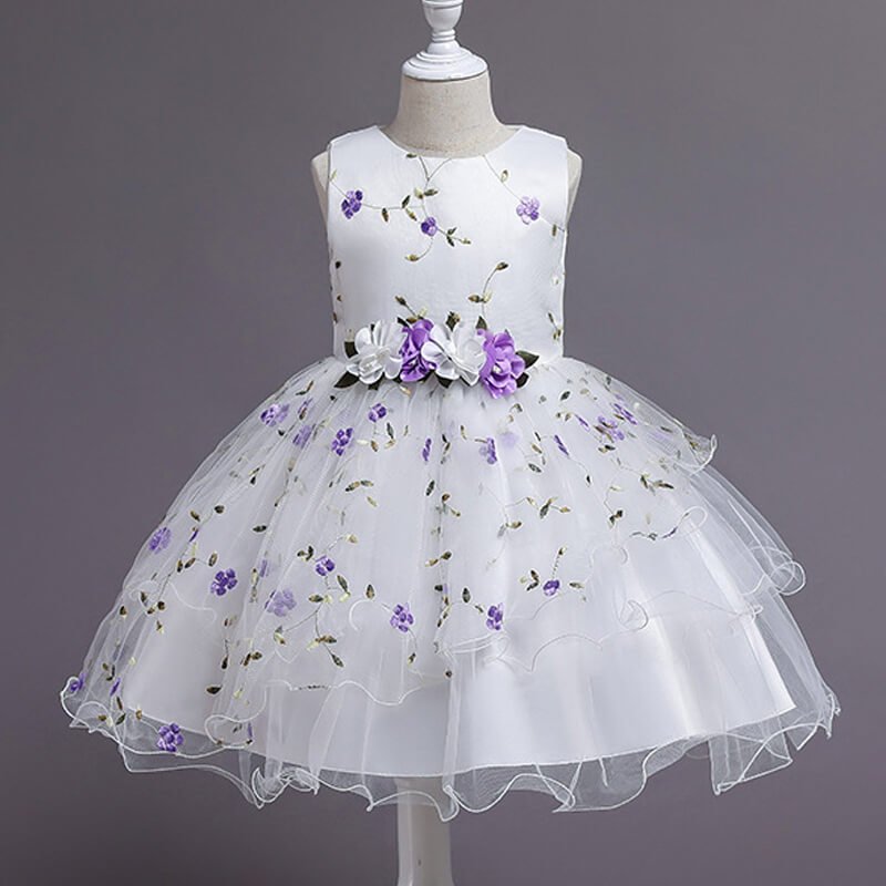A-line girl floral party dress-white-purple (2)