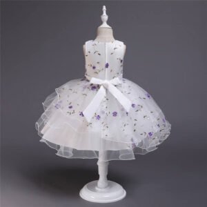 A-line girl floral party dress-white-purple (4)
