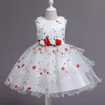 A-line girl floral party dress-white-red (2)