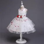 A-line girl floral party dress-white-red (4)