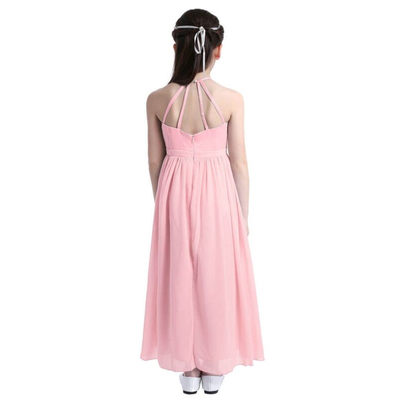 Girls light pink sleeveless chiffon maxi dress with halter neckline and full length skirt