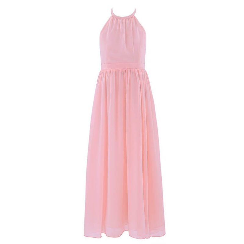 Front view of girls light pink halter neck chiffon maxi dress with flowing floor length skirt