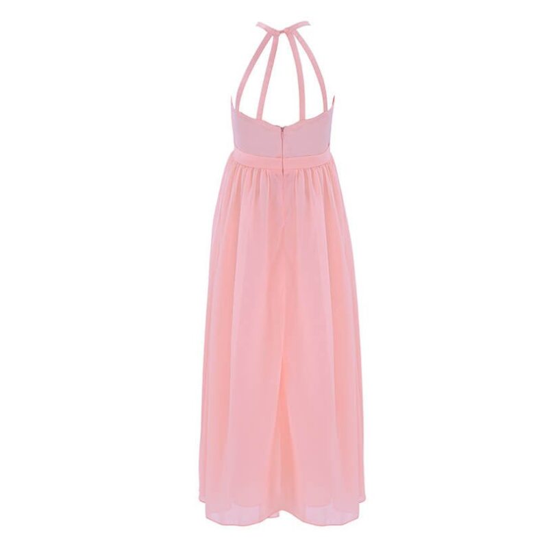 Back view of girls light pink halter neck chiffon maxi dress with elegant multi strap open back
