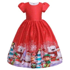 Girl long Christmas short sleeve dress-red (2)
