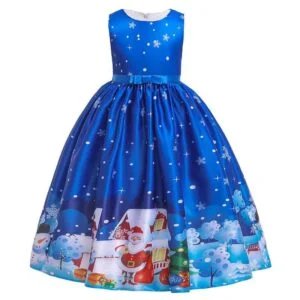 Girl long Christmas sleeveless dress-blue (4) (1)